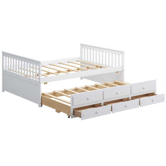 Full Size Wood Daybed Frame with Trundle Bed and 3 Storage Drawers-White Kids Crystal
