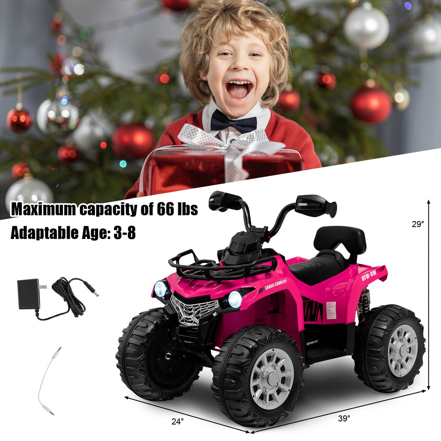 12V Kids Ride On ATV 4 Wheeler with MP3 and Headlights-Pink Kids Crystal