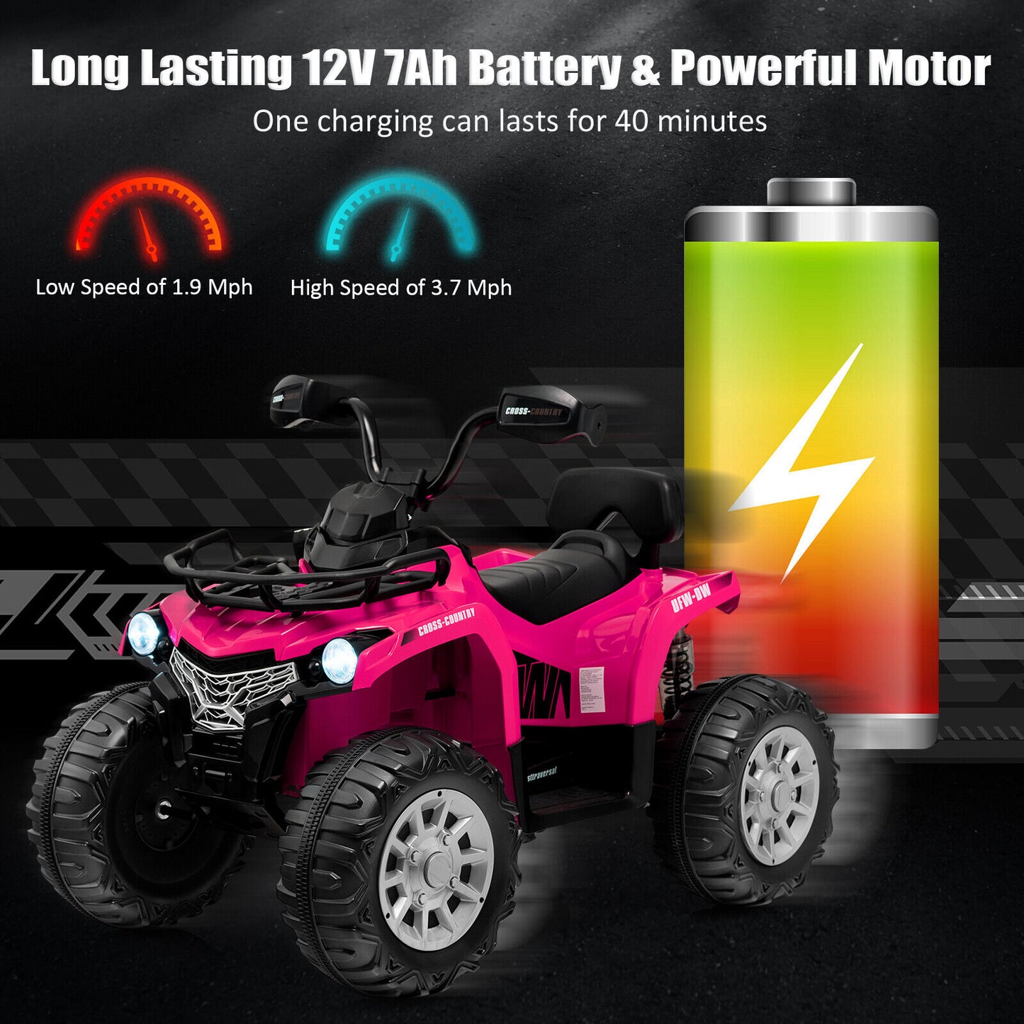 12V Kids Ride On ATV 4 Wheeler with MP3 and Headlights-Pink Kids Crystal
