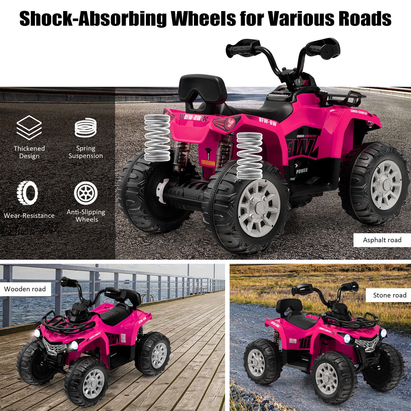 12V Kids Ride On ATV 4 Wheeler with MP3 and Headlights-Pink Kids Crystal
