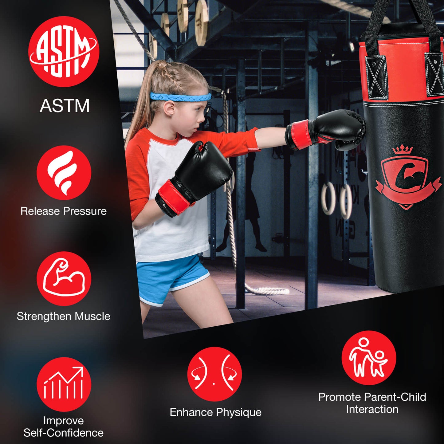 11 Pounds Kids Hanging Punching Bag Set with Punching Gloves-Black Kids Crystal