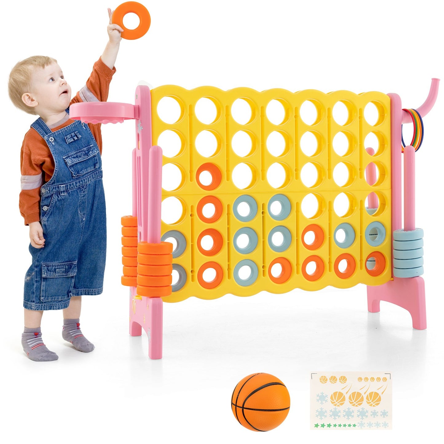 4-in-a-Row Connect Game with Basketball Hoop and Toss Ring-Pink Kids Crystal