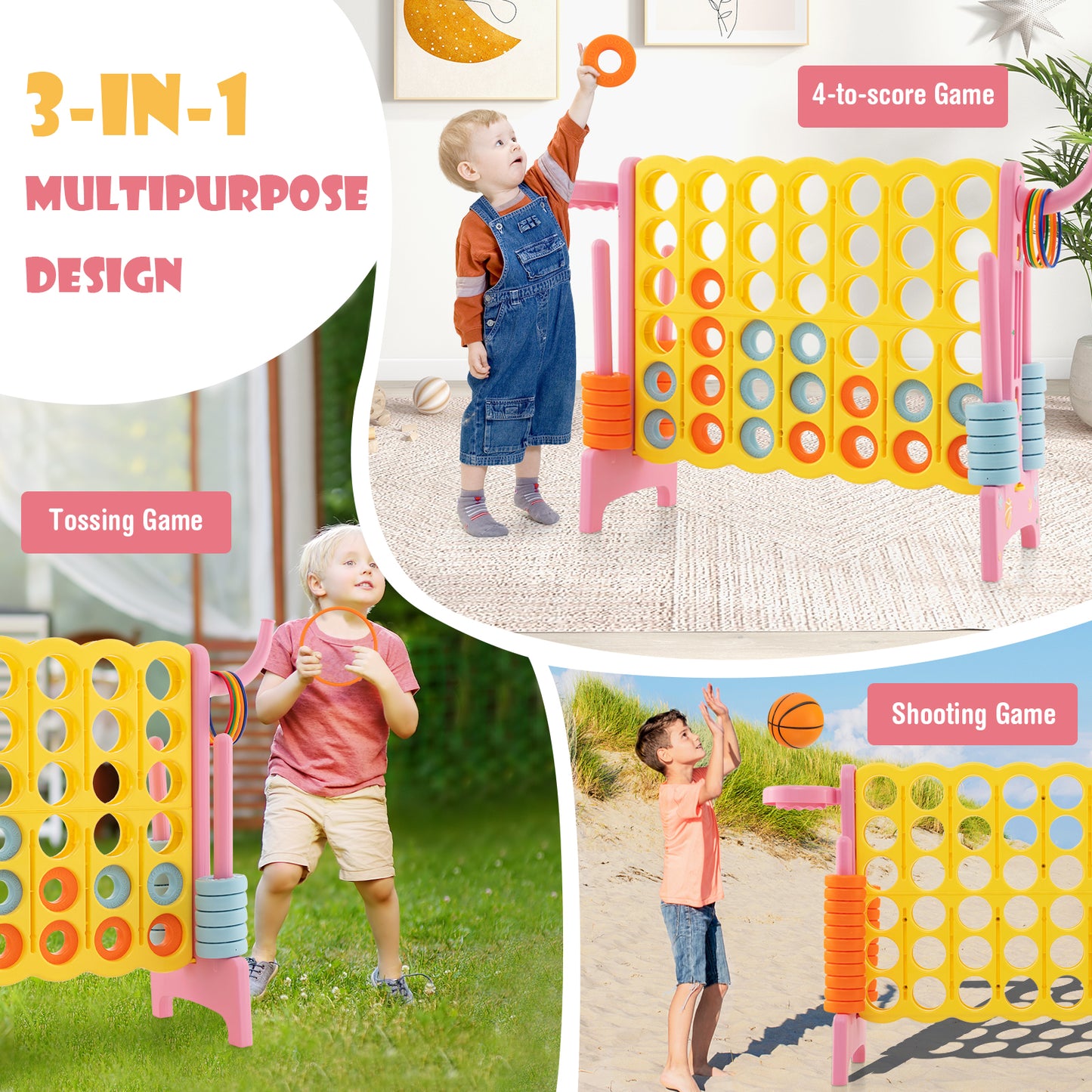 4-in-a-Row Connect Game with Basketball Hoop and Toss Ring-Pink Kids Crystal
