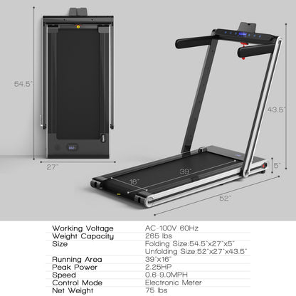 2-in-1 Folding Treadmill 2.25HP Jogging Machine with Dual LED Display-Silver