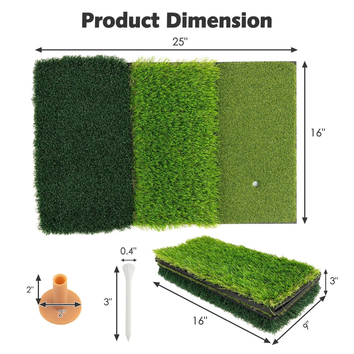 25 x 16 Inch Tri-Turf 3-in-1 Golf Hitting Mat Realistic Synthetic Turf with Tee Holder Kids Crystal