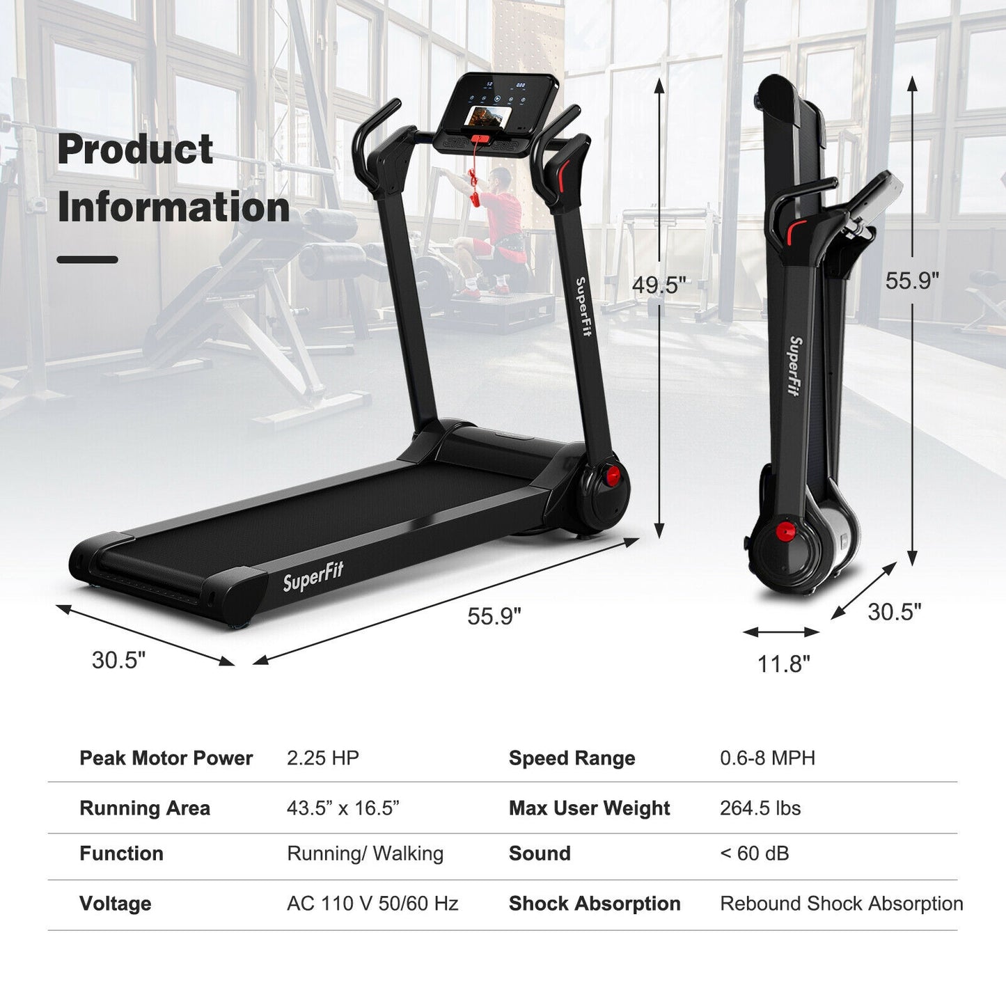 2.25 HP Electric Motorized Folding Running Treadmill Machine with LED Display and APP Control-Black Kids Crystal