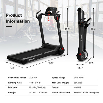 2.25 HP Electric Motorized Folding Running Treadmill Machine with LED Display and APP Control-Black
