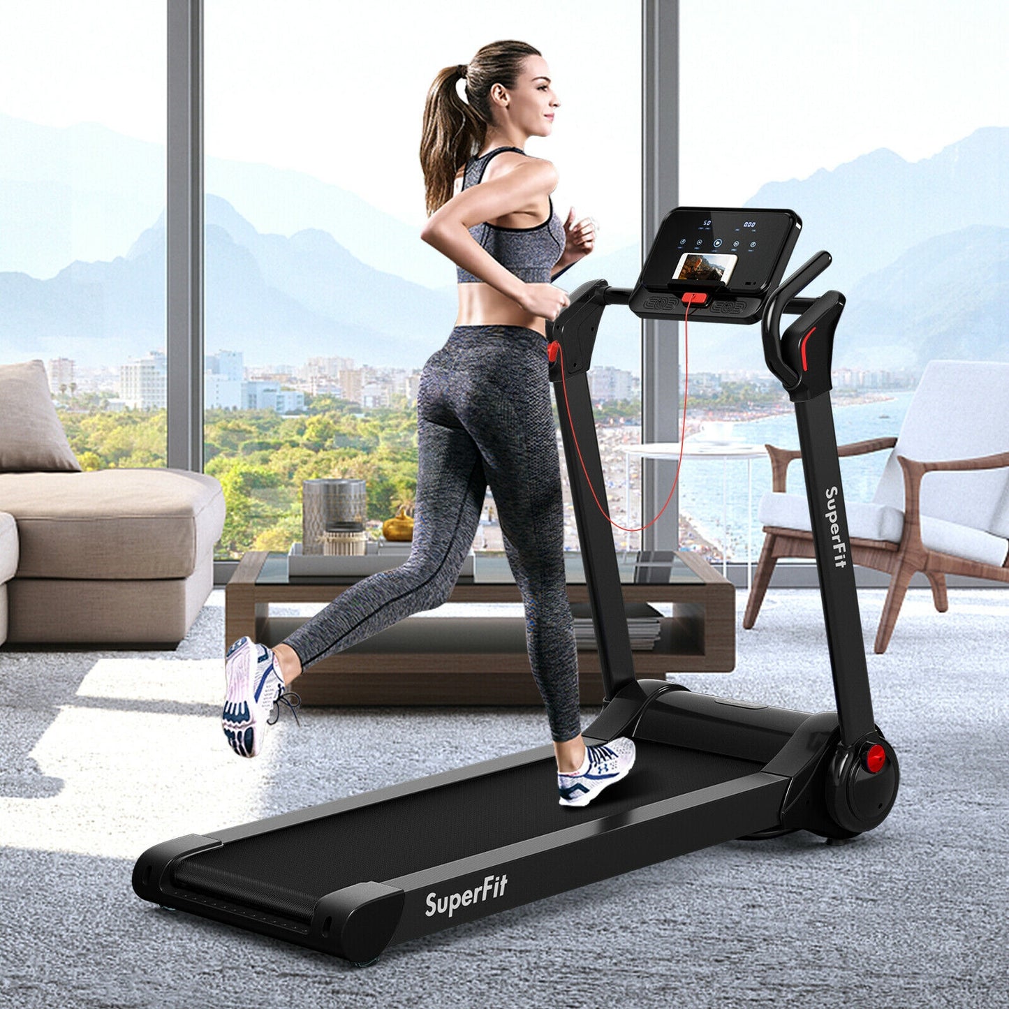 2.25 HP Electric Motorized Folding Running Treadmill Machine with LED Display and APP Control-Black Kids Crystal