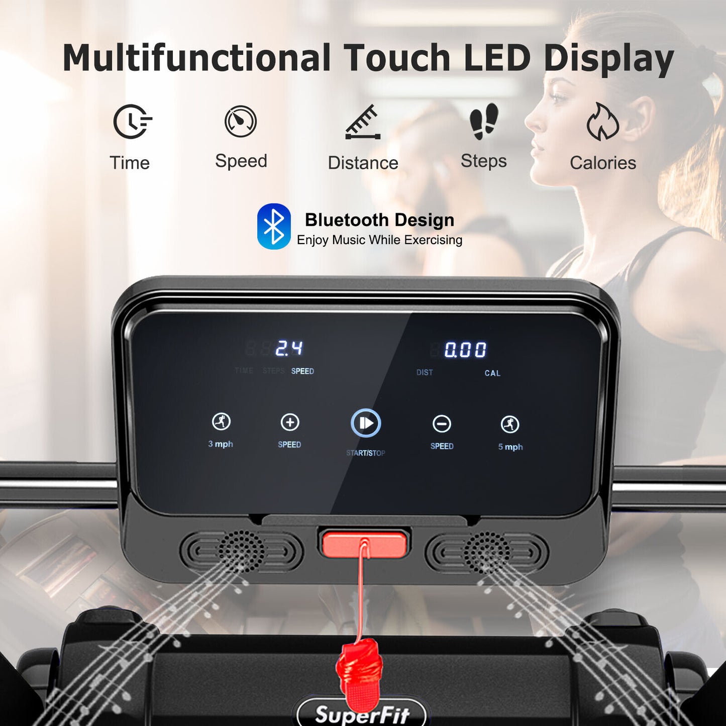 2.25 HP Electric Motorized Folding Running Treadmill Machine with LED Display and APP Control-Black Kids Crystal
