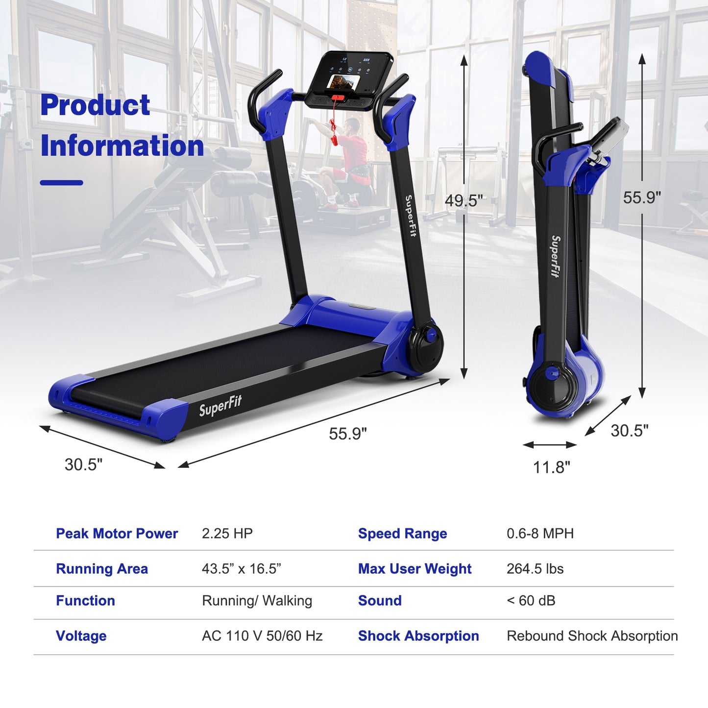 2.25 HP Electric Motorized Folding Running Treadmill Machine with LED Display and APP Control-Navy Kids Crystal