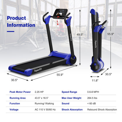 2.25 HP Electric Motorized Folding Running Treadmill Machine with LED Display and APP Control-Navy