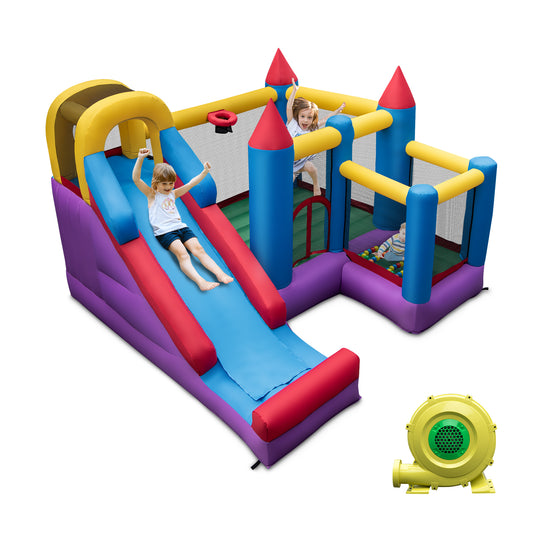 5-in-1 Inflatable Bounce House with 735W Blower and 50 Ocean Balls Kids Crystal