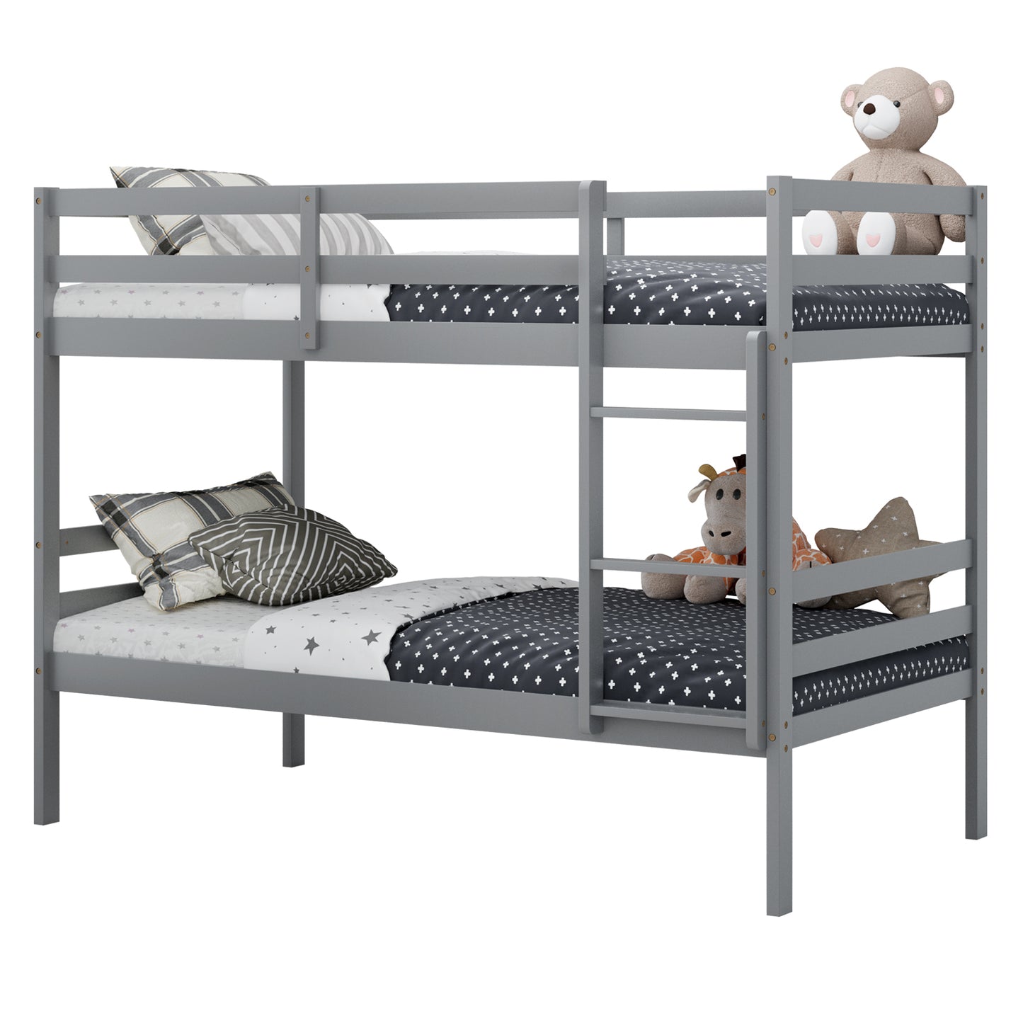 Twin Size Sturdy Wooden Bunk Beds with Ladder and Safety Rail-Gray Kids Crystal