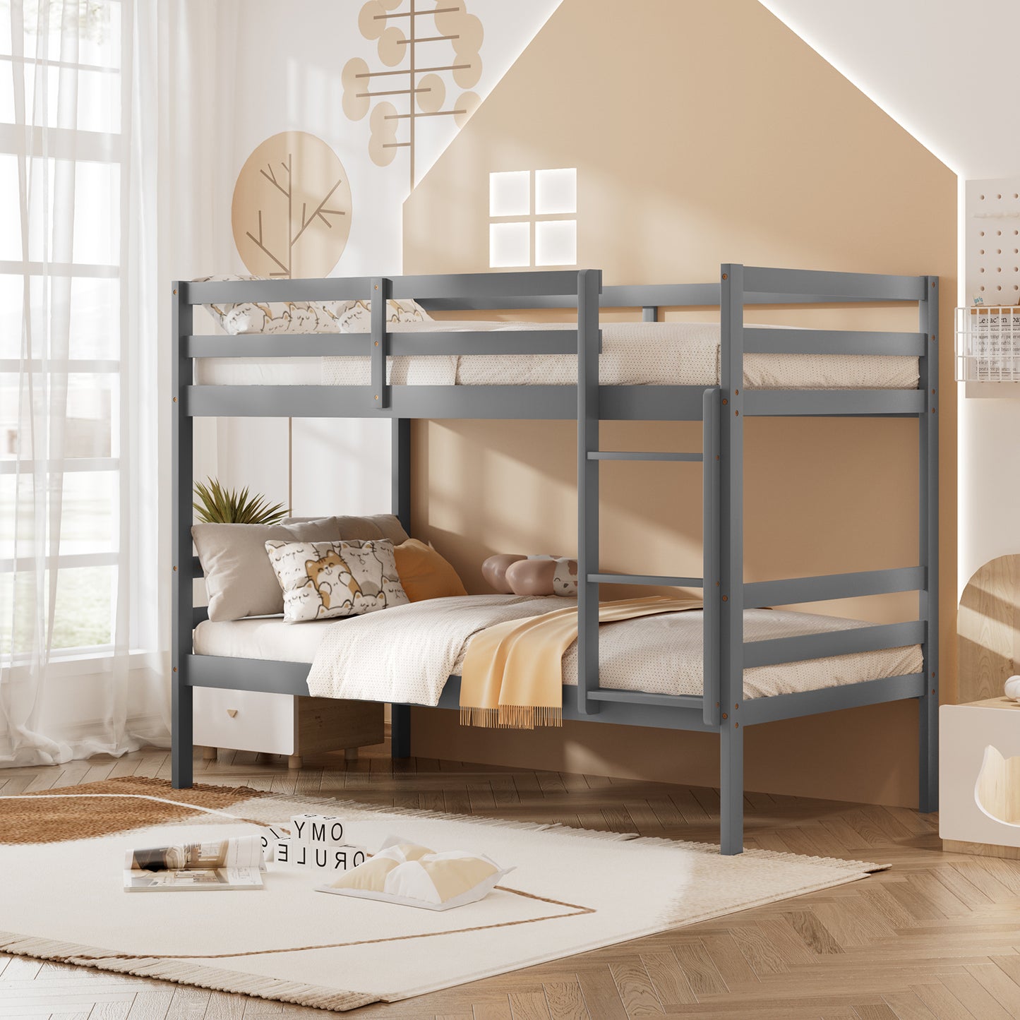 Twin Size Sturdy Wooden Bunk Beds with Ladder and Safety Rail-Gray Kids Crystal