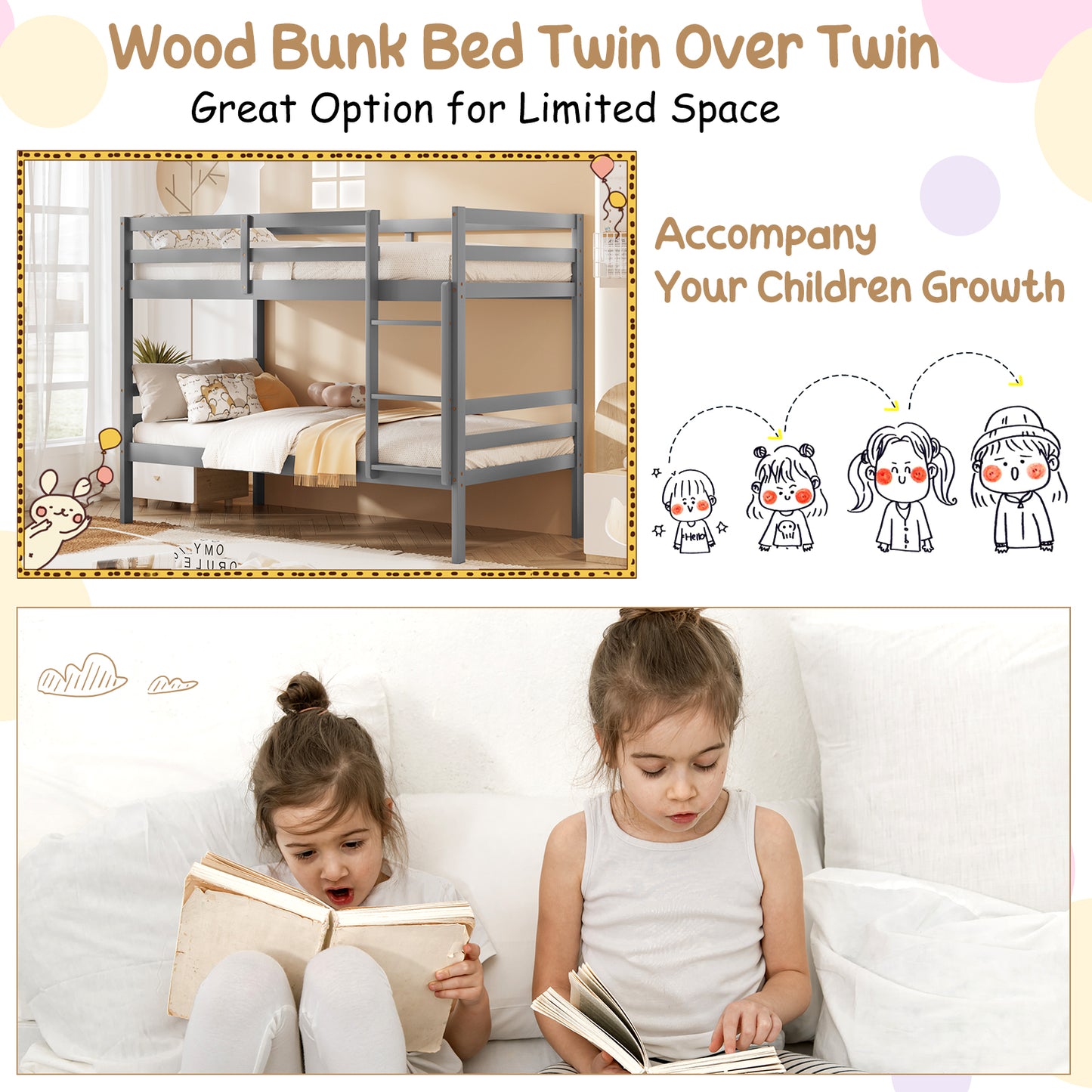 Twin Size Sturdy Wooden Bunk Beds with Ladder and Safety Rail-Gray Kids Crystal