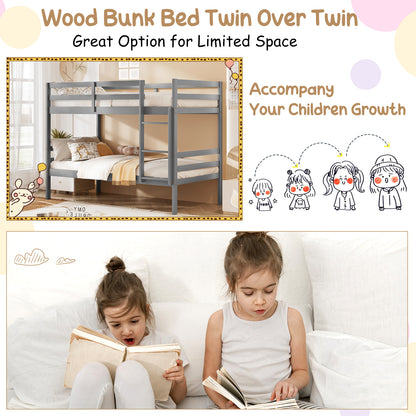 Twin Size Sturdy Wooden Bunk Beds with Ladder and Safety Rail-Gray