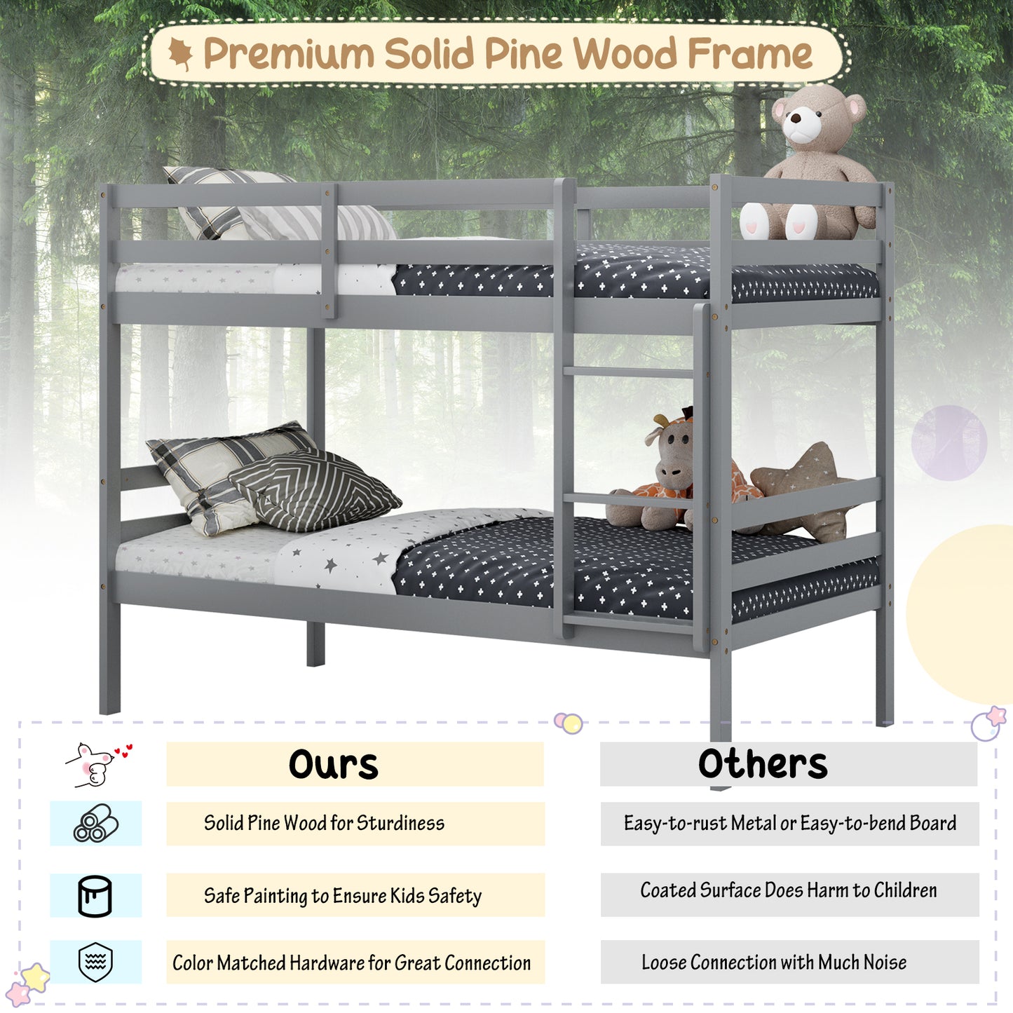 Twin Size Sturdy Wooden Bunk Beds with Ladder and Safety Rail-Gray Kids Crystal