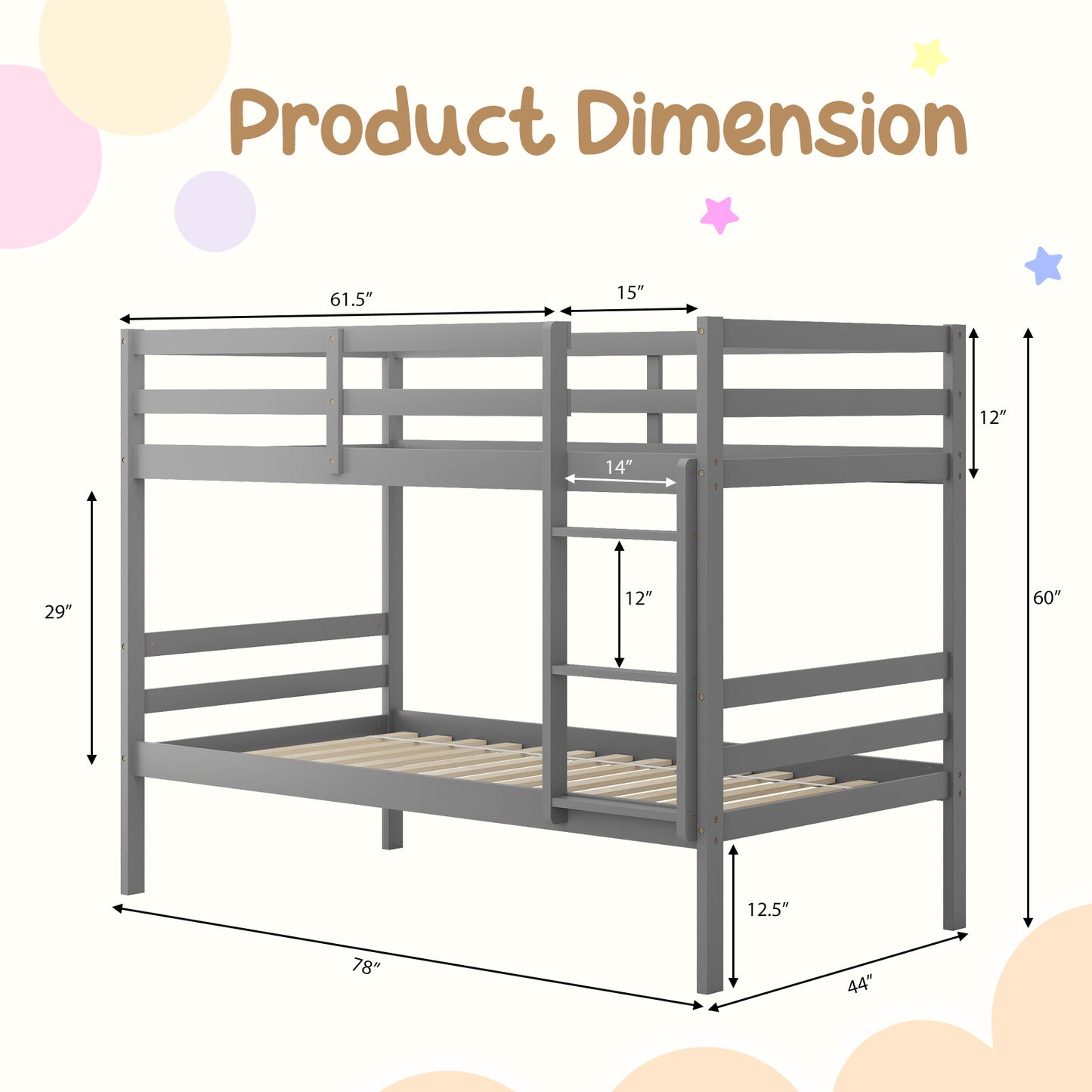 Twin Size Sturdy Wooden Bunk Beds with Ladder and Safety Rail-Gray Kids Crystal