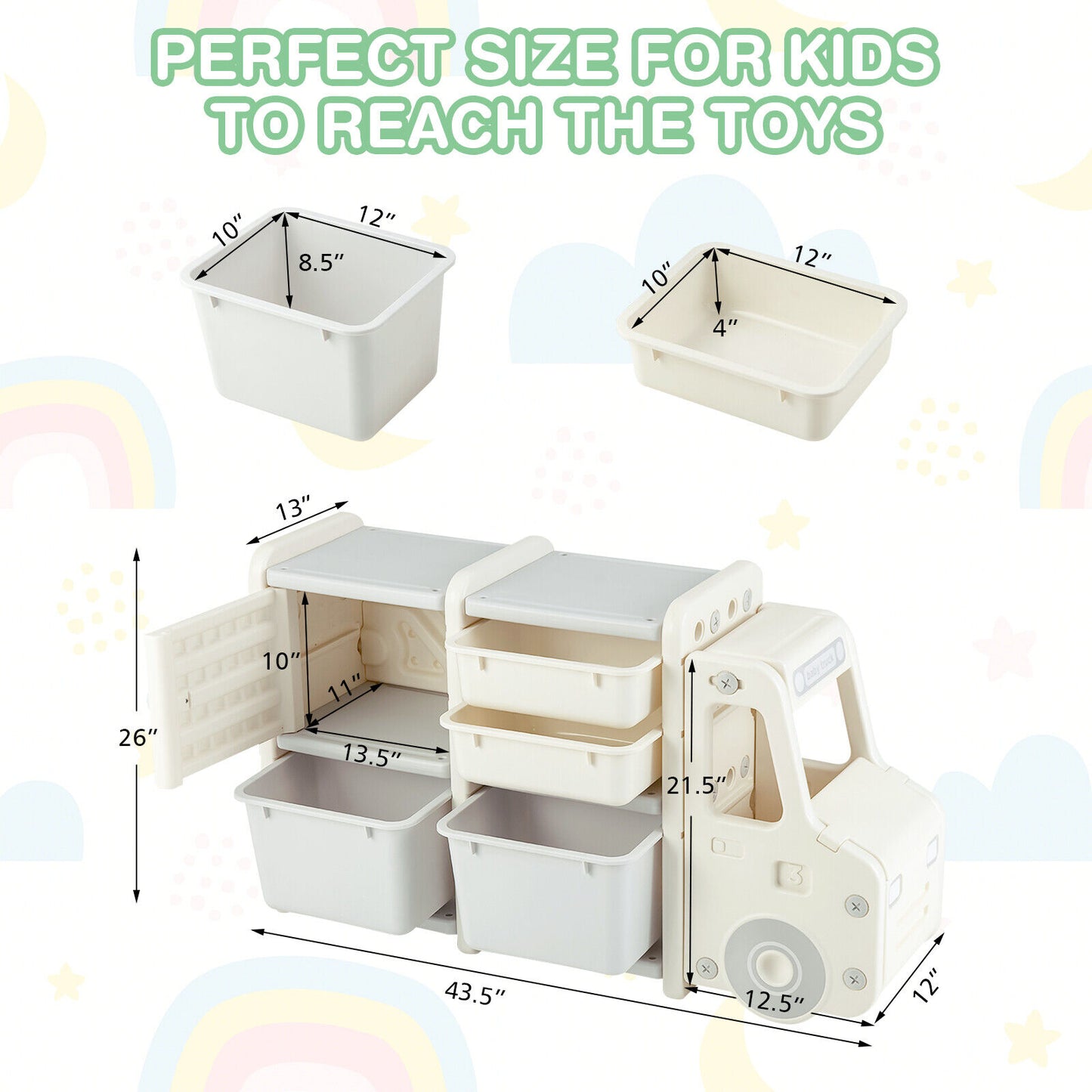 Toddler Truck Storage Organizer with Plastic Bins-Beige Kids Crystal