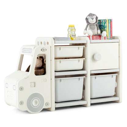 Toddler Truck Storage Organizer with Plastic Bins-Beige