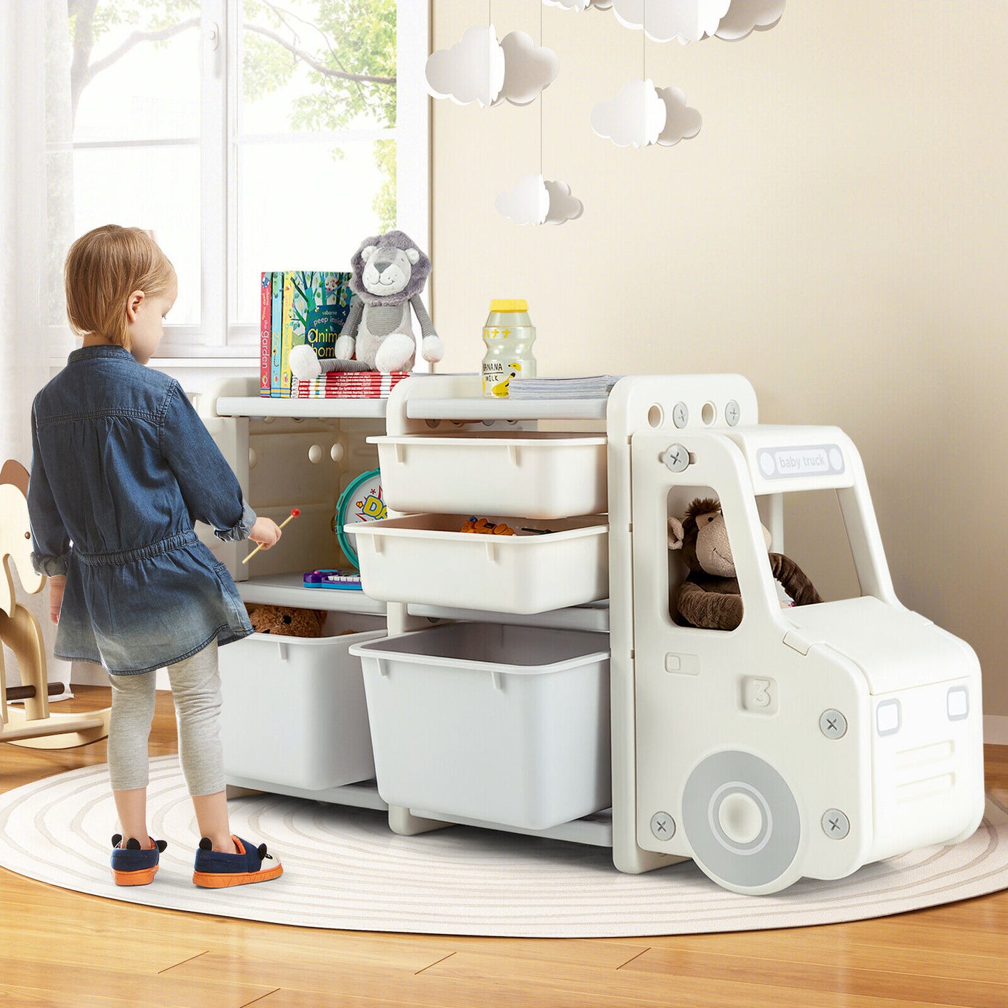 Toddler Truck Storage Organizer with Plastic Bins-Beige Kids Crystal