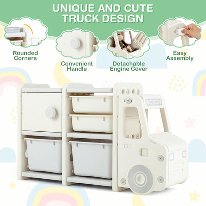 Toddler Truck Storage Organizer with Plastic Bins-Beige