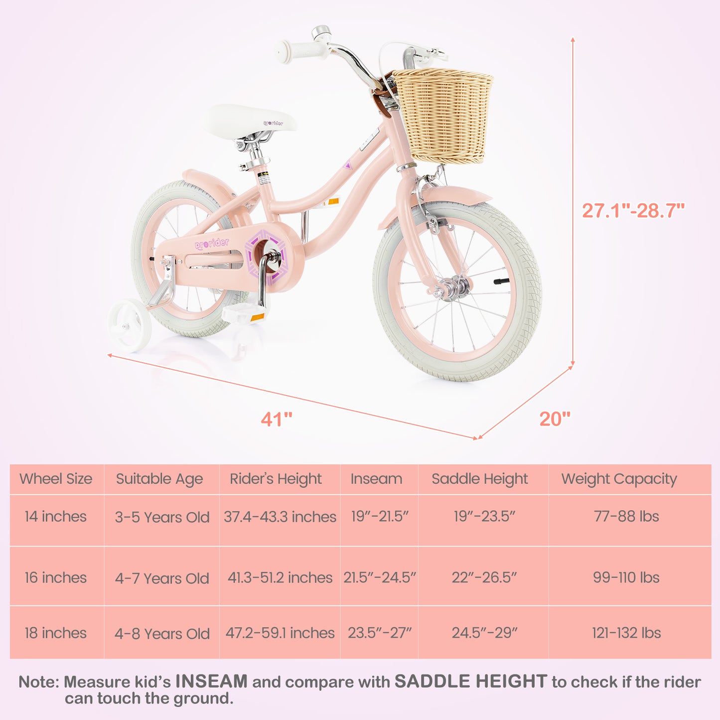 14-Inch Kids Bike with Training Wheels and Adjustable Handlebar Seat-Pink Kids Crystal