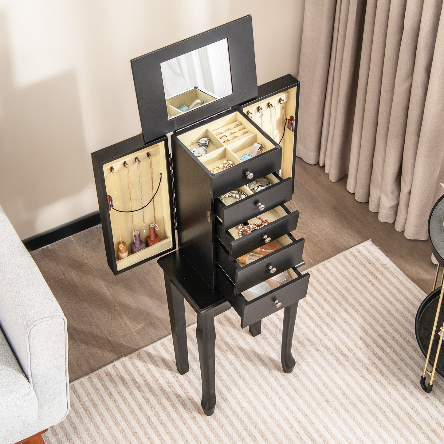 2 Colors Armoire Storage Standing Jewelry Cabinet with Mirror-Black Kids Crystal