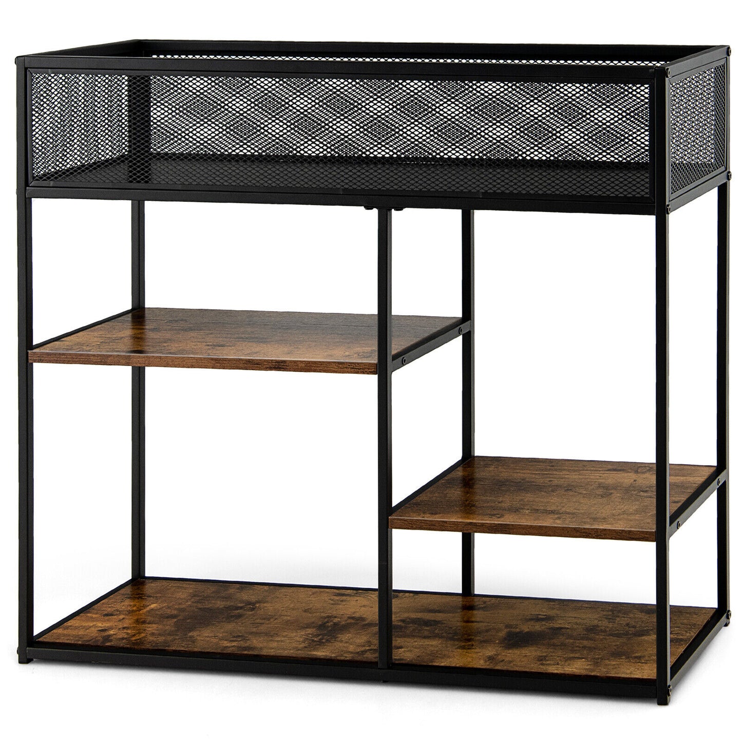 4-Tier Industrial Console Table with Wire Basket and shelf-Rustic Brown Kids Crystal