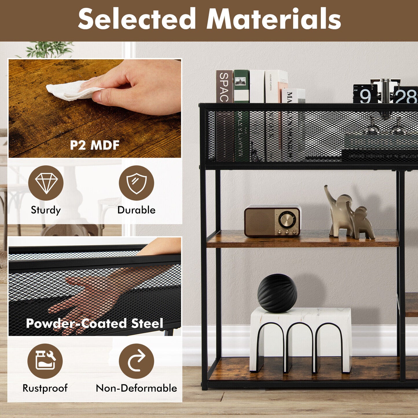 4-Tier Industrial Console Table with Wire Basket and shelf-Rustic Brown Kids Crystal