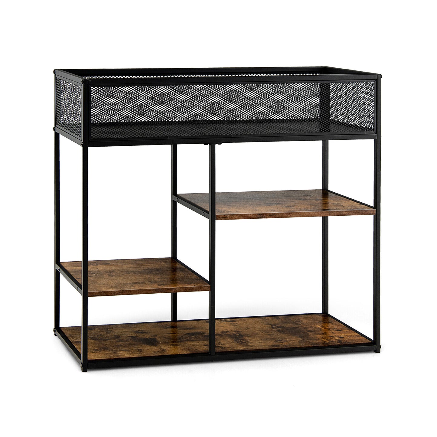 4-Tier Industrial Console Table with Wire Basket and shelf-Rustic Brown Kids Crystal