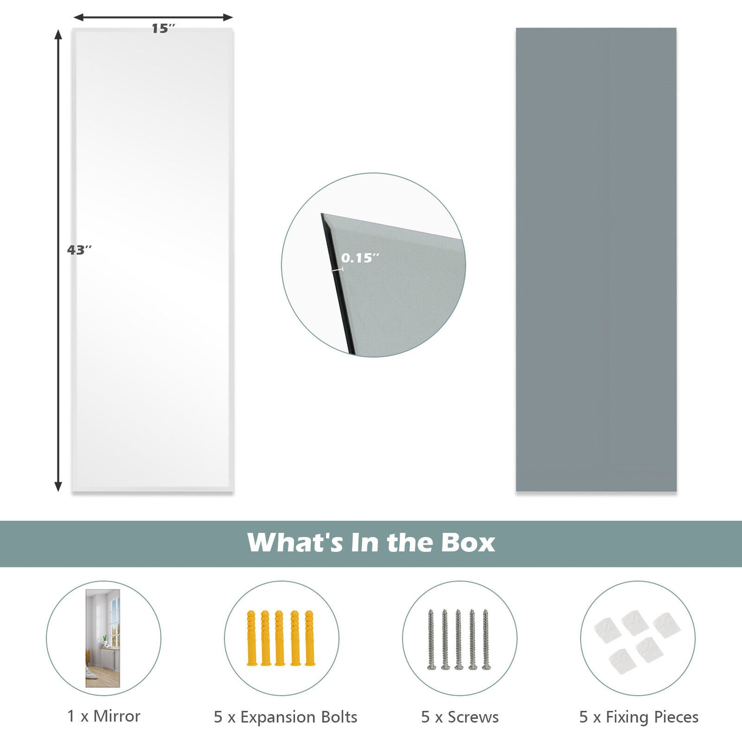 43 x 15 Inch Wall Mounted Frameless Full Length Mirror Kids Crystal