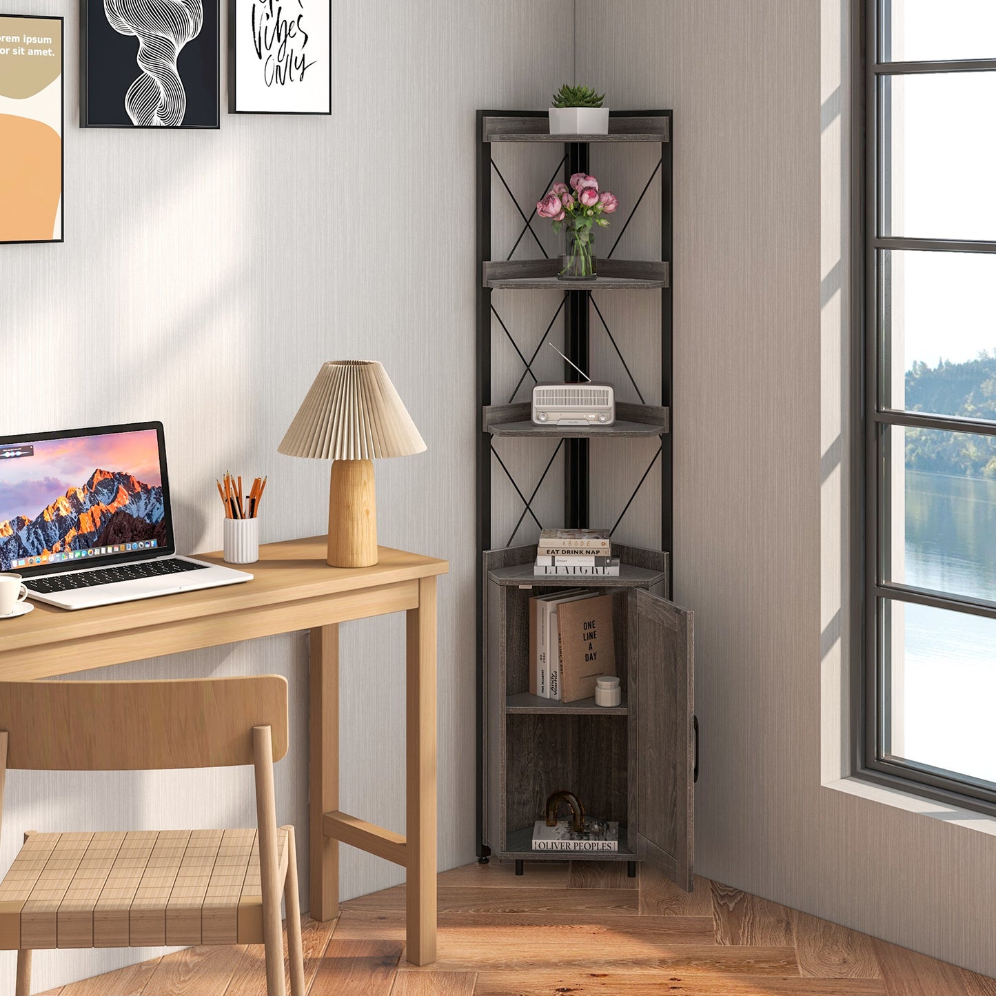 Tall Corner Storage Cabinet with 3-Tier Shelf and Enclosed Cabinet-Gray Kids Crystal