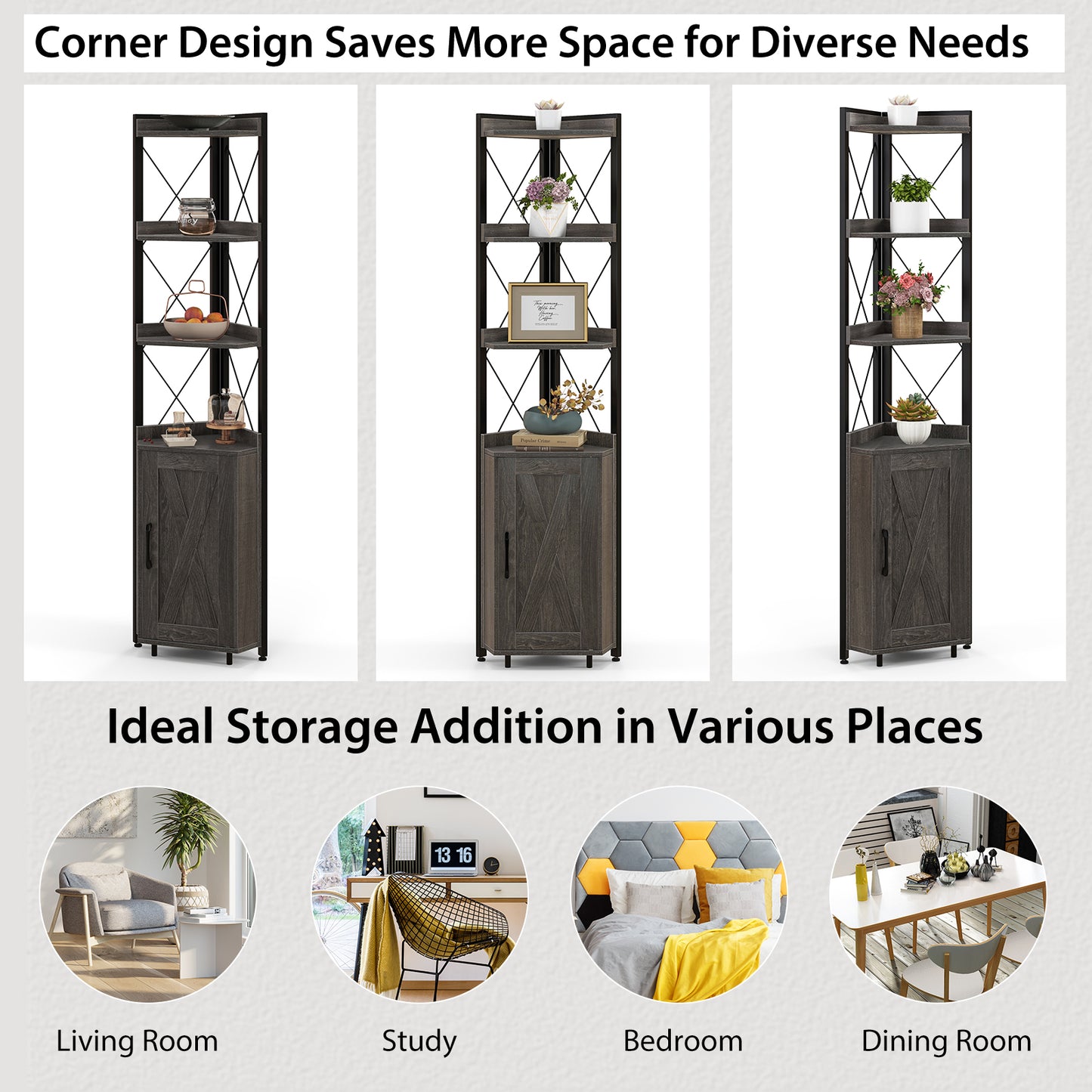 Tall Corner Storage Cabinet with 3-Tier Shelf and Enclosed Cabinet-Gray Kids Crystal