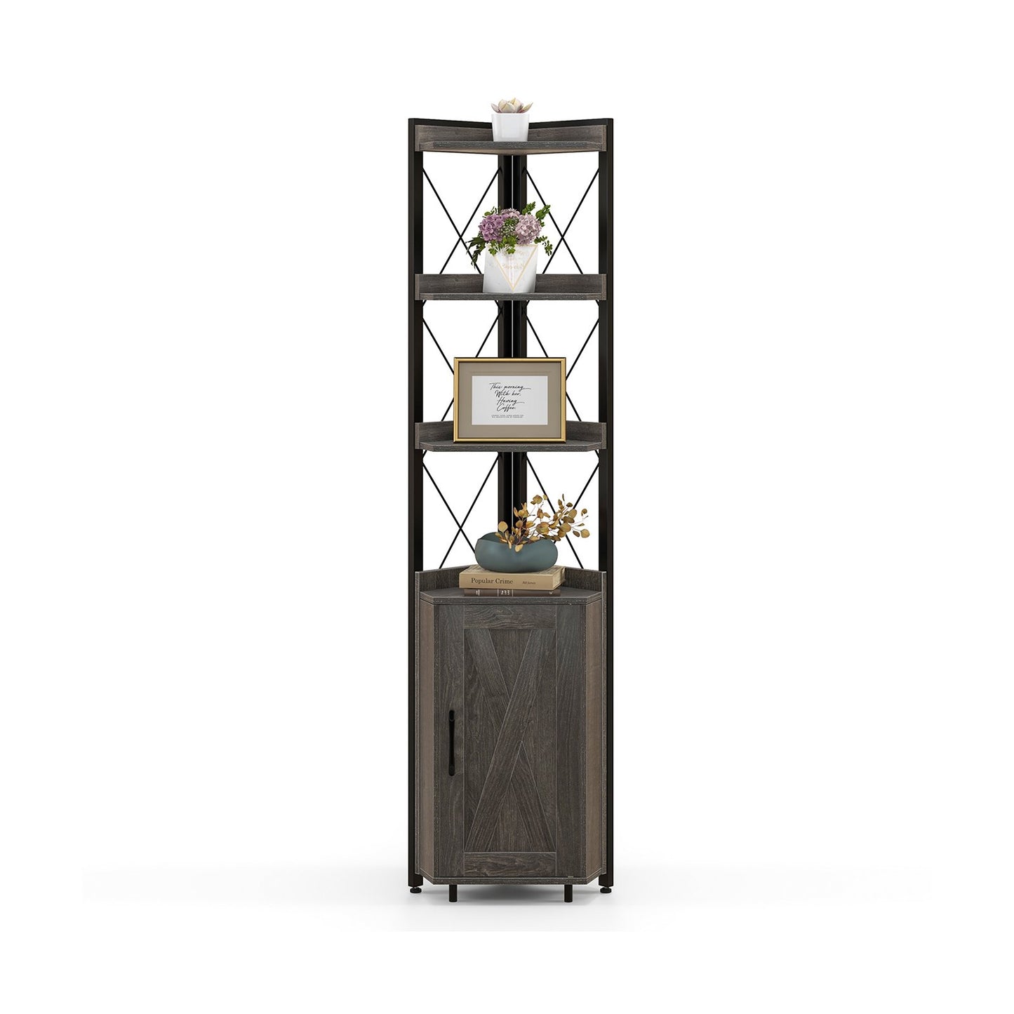 Tall Corner Storage Cabinet with 3-Tier Shelf and Enclosed Cabinet-Gray Kids Crystal