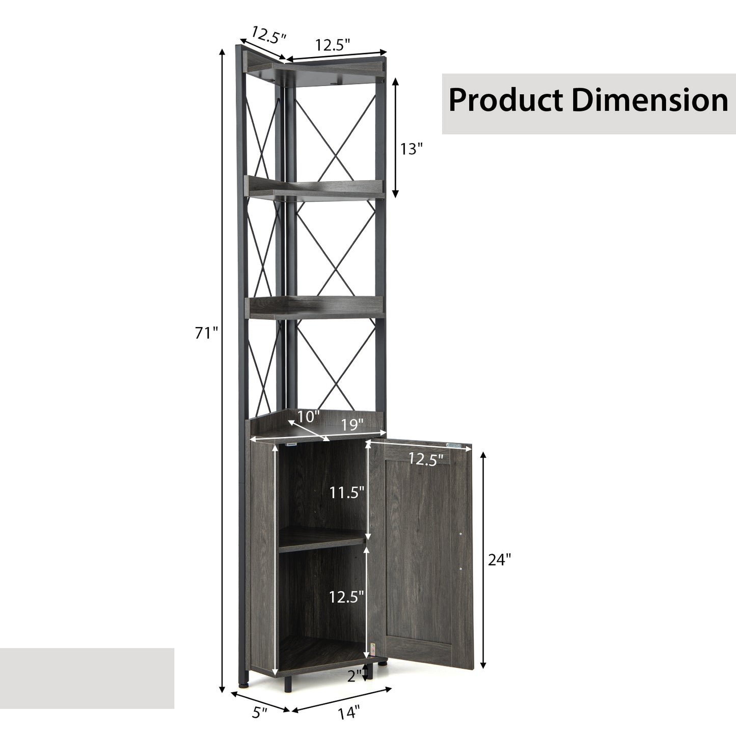 Tall Corner Storage Cabinet with 3-Tier Shelf and Enclosed Cabinet-Gray Kids Crystal