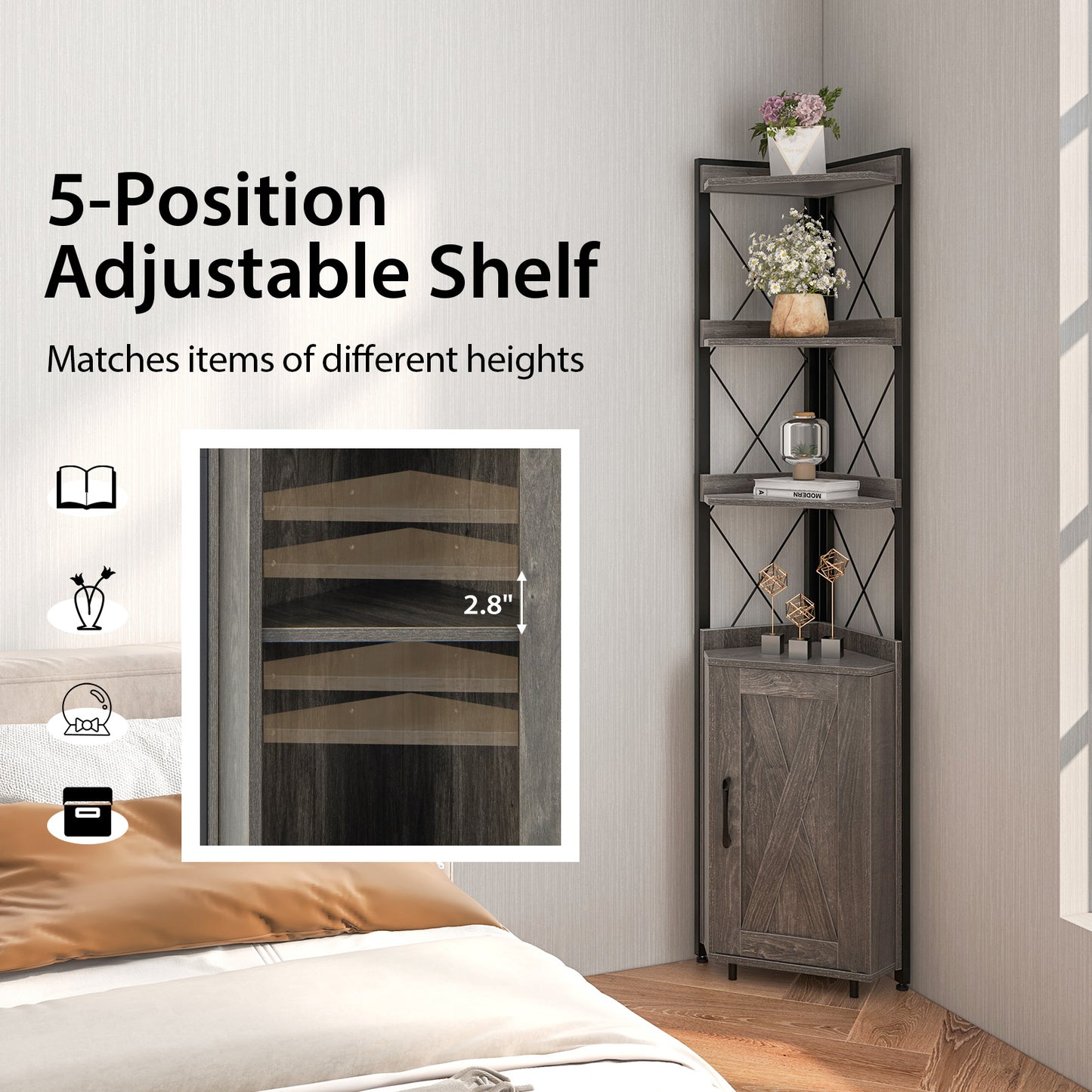 Tall Corner Storage Cabinet with 3-Tier Shelf and Enclosed Cabinet-Gray Kids Crystal