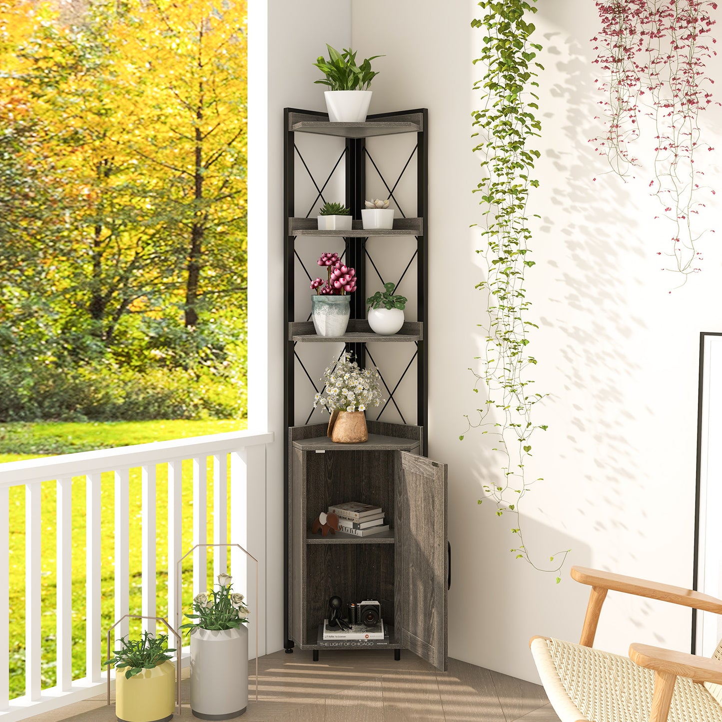 Tall Corner Storage Cabinet with 3-Tier Shelf and Enclosed Cabinet-Gray Kids Crystal