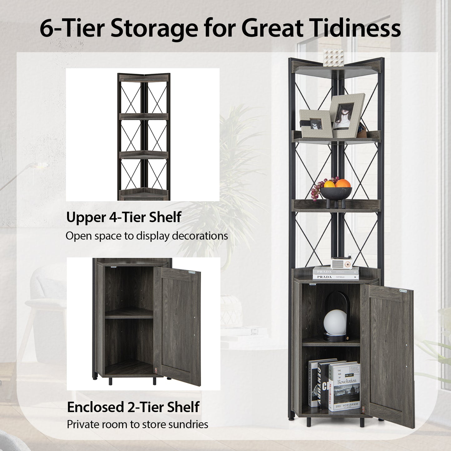 Tall Corner Storage Cabinet with 3-Tier Shelf and Enclosed Cabinet-Gray Kids Crystal