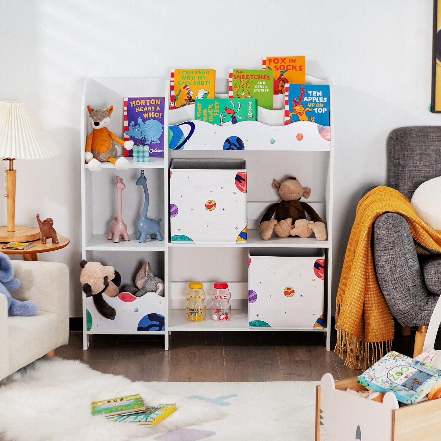 Kids Book Organizer Children Wooden Storage Cabinet with Storage Bins Kids Crystal