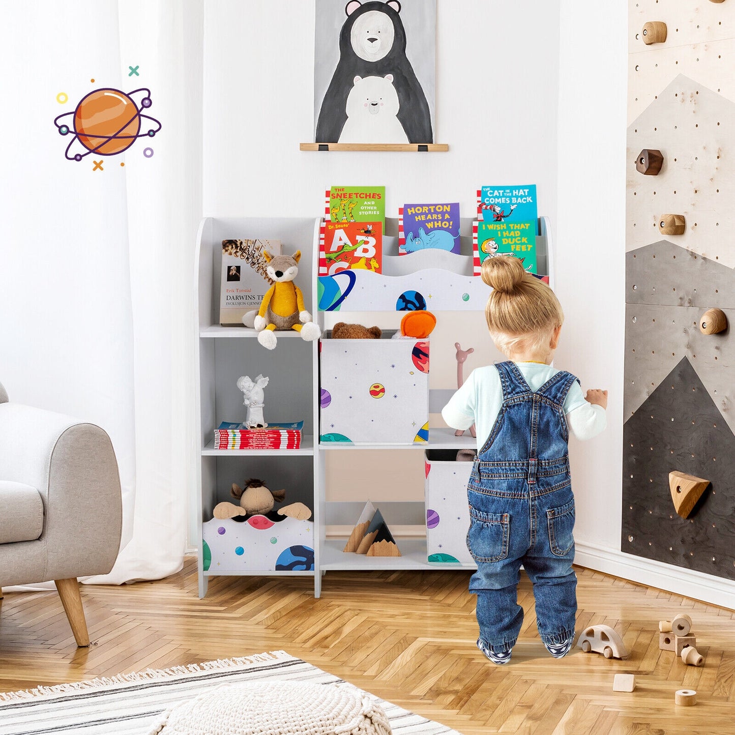 Kids Book Organizer Children Wooden Storage Cabinet with Storage Bins Kids Crystal