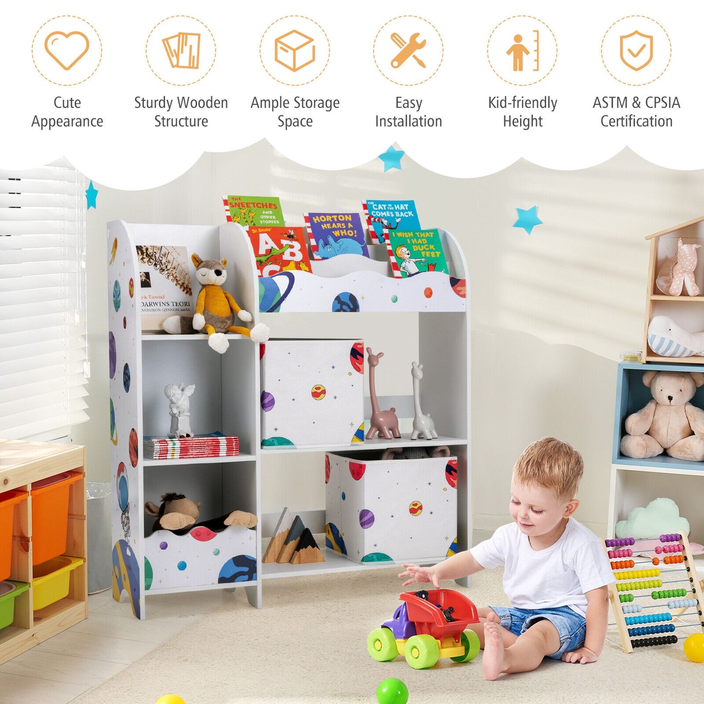 Kids Book Organizer Children Wooden Storage Cabinet with Storage Bins Kids Crystal