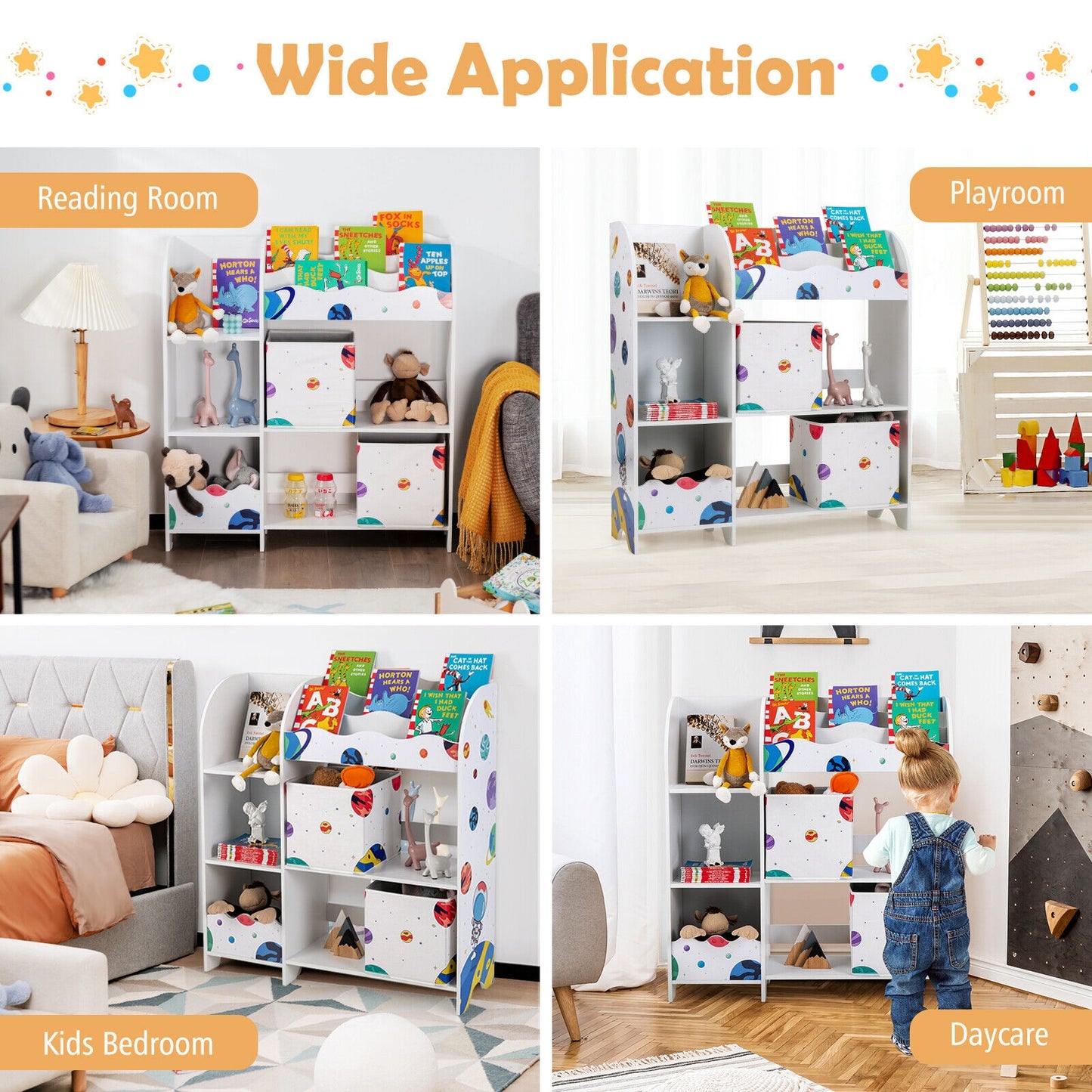 Kids Book Organizer Children Wooden Storage Cabinet with Storage Bins Kids Crystal