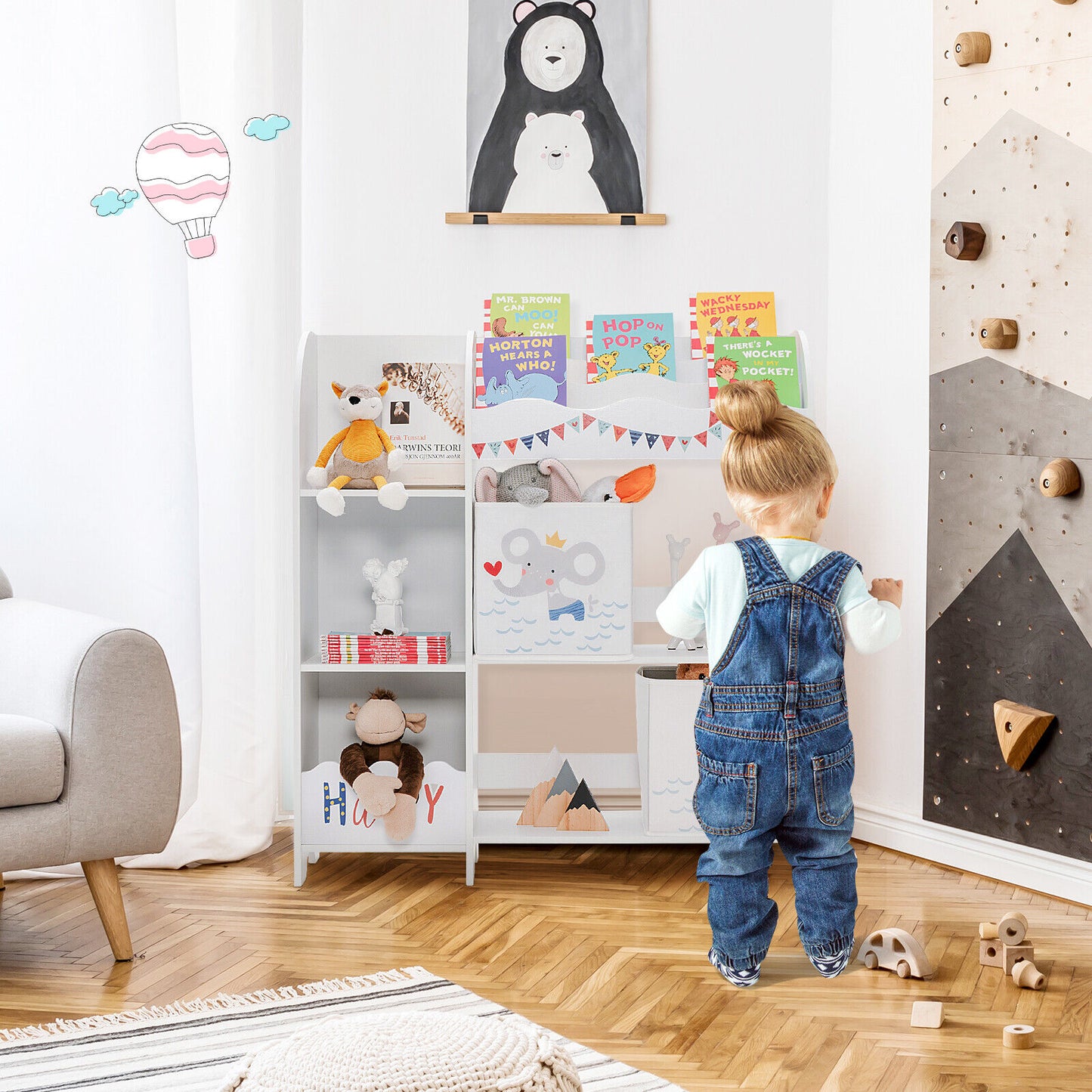 Wooden Children Storage Cabinet with Storage Bins Kids Crystal