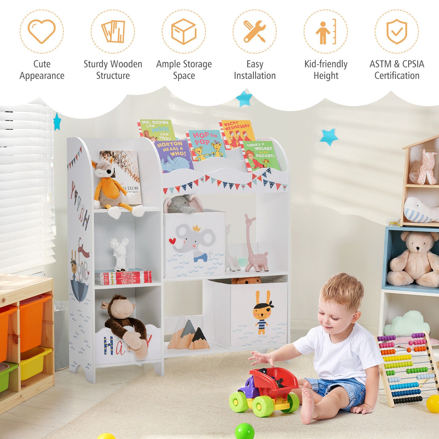 Wooden Children Storage Cabinet with Storage Bins Kids Crystal