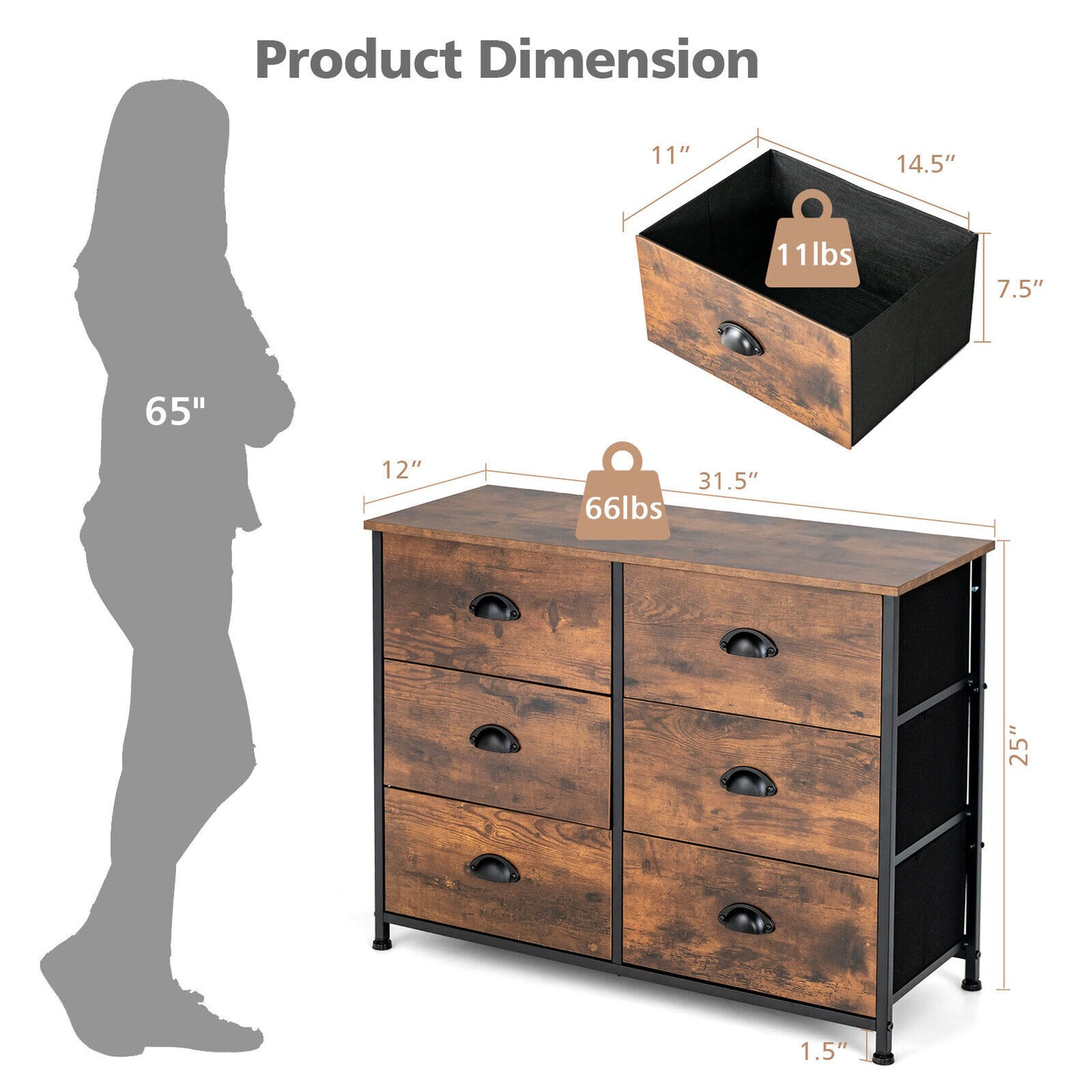 6 Fabric Drawer Storage Chest with Wooden Top-Rustic Brown Kids Crystal
