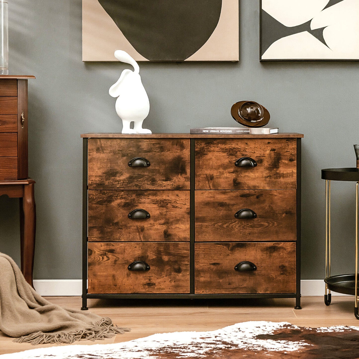 6 Fabric Drawer Storage Chest with Wooden Top-Rustic Brown Kids Crystal