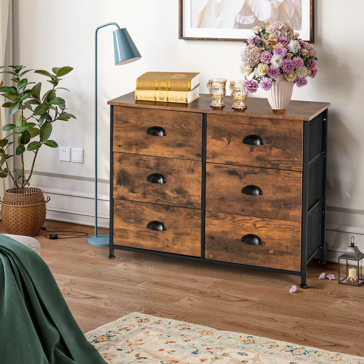 6 Fabric Drawer Storage Chest with Wooden Top-Rustic Brown Kids Crystal