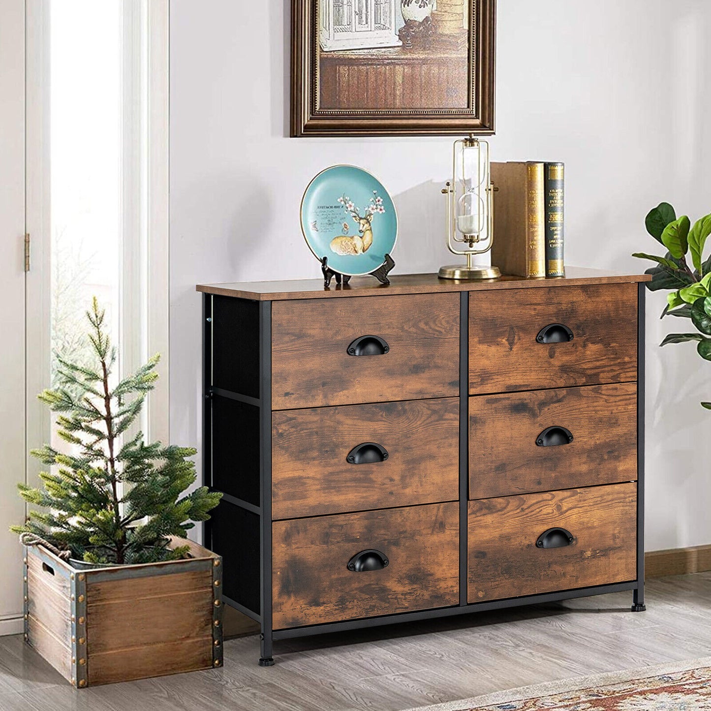 6 Fabric Drawer Storage Chest with Wooden Top-Rustic Brown Kids Crystal