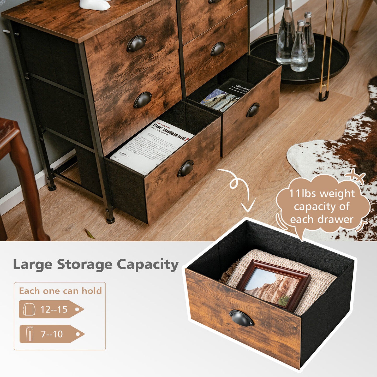 6 Fabric Drawer Storage Chest with Wooden Top-Rustic Brown Kids Crystal